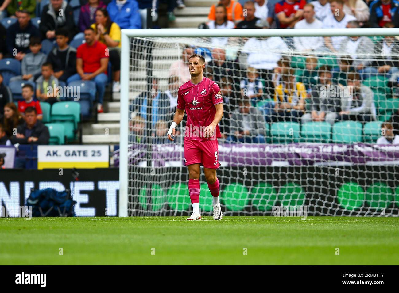 Deepdale Stadium, Preston, England - 26th August 2023 Jerry Yates (9) of Swansea City - during the game Preston NE v Swansea City, EFL Championship, 2023/24, Deepdale Stadium, Preston, England - 26th August 2023  Credit: Arthur Haigh/WhiteRosePhotos/Alamy Live News Stock Photo