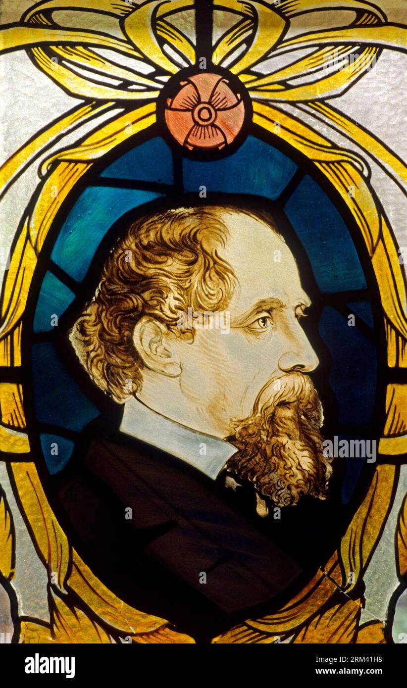 Charles Dickens, stained glass portrait, Museum, Bloomsbury, London, England Stock Photo