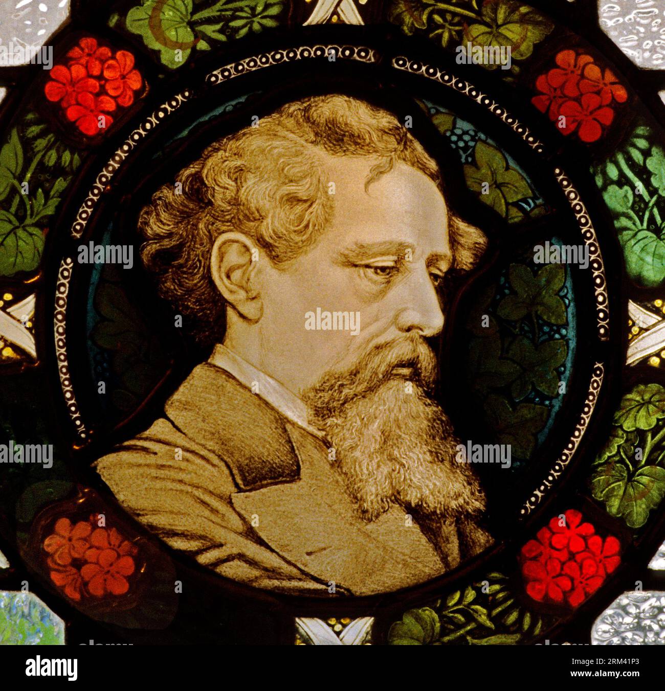 Charles Dickens portrait, stained glass roundel, Dickens House, Doughty Street, London, England, UK Stock Photo