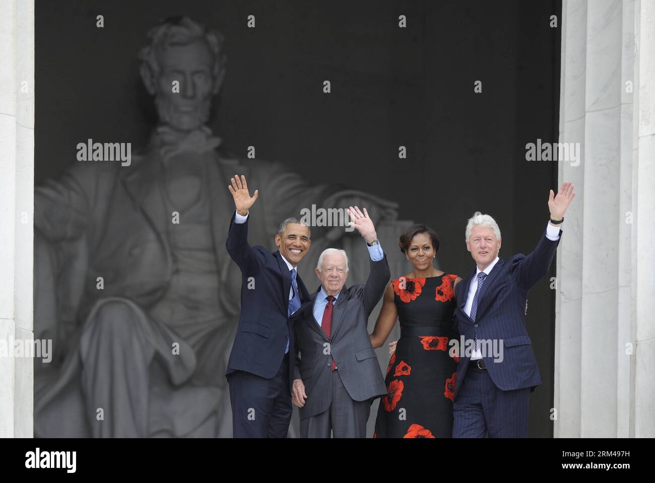 (130828) -- WASHINGTON D.C., Aug. 28, 2013 (Xinhua) -- (L-R) U.S. President Barack Obama, former president Jimmy Carter, First Lady Michelle Obama and Bill Clinton wave at the Lincoln Memorial during the Let Freedom Ring ceremony to commemorate the 50th anniversary of the March on Washington and Dr. Martin Luther King, Jr. s I have a Dream speech, in Washington D.C., capital of the United States, Aug. 28, 2013. (Xinhua/Zhang Jun) US-WASHINGTON-MARCH ON WASHINGTON-50TH ANNIVERSARY PUBLICATIONxNOTxINxCHN Stock Photo