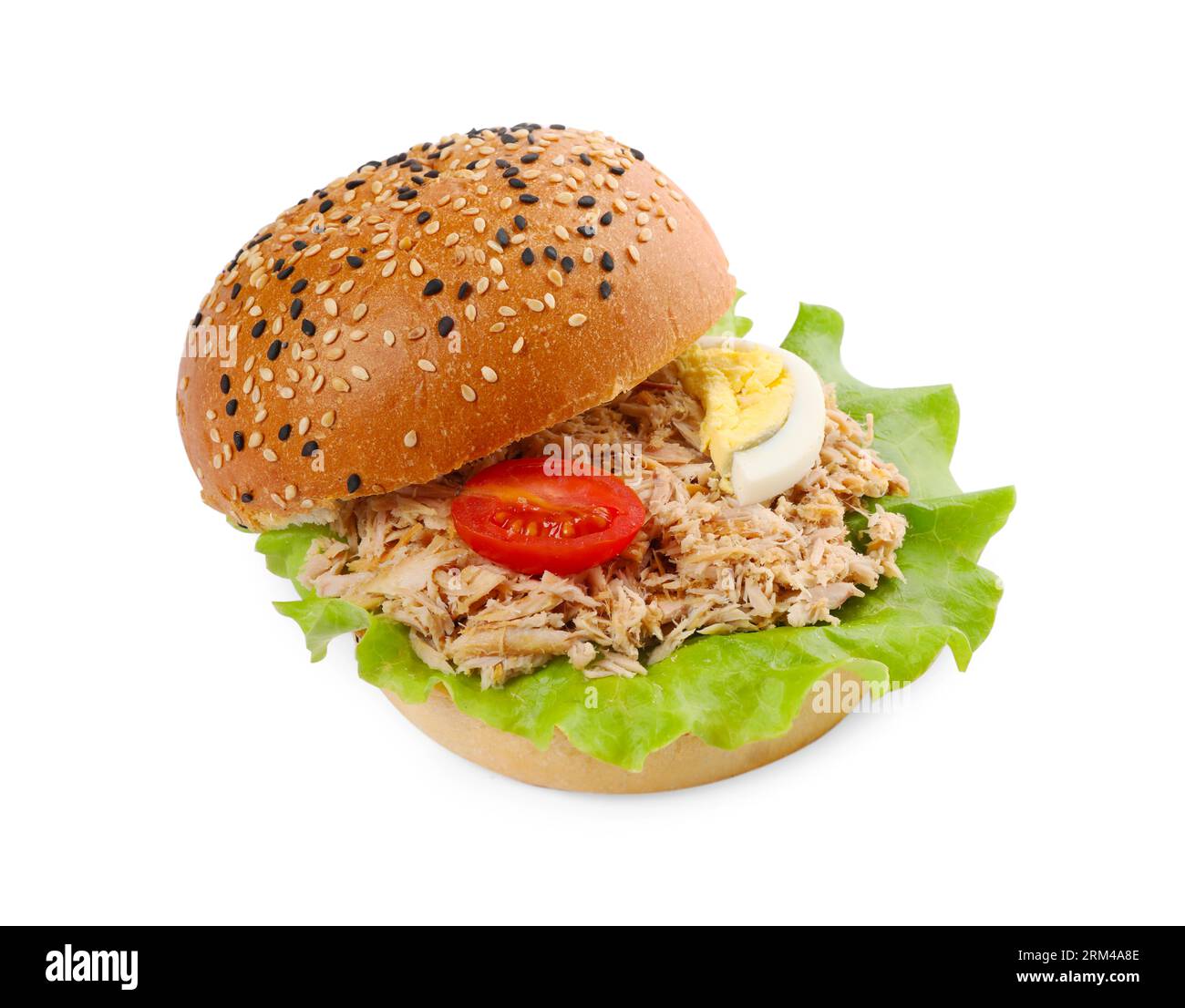 Delicious sandwich with tuna, boiled egg and vegetables on white