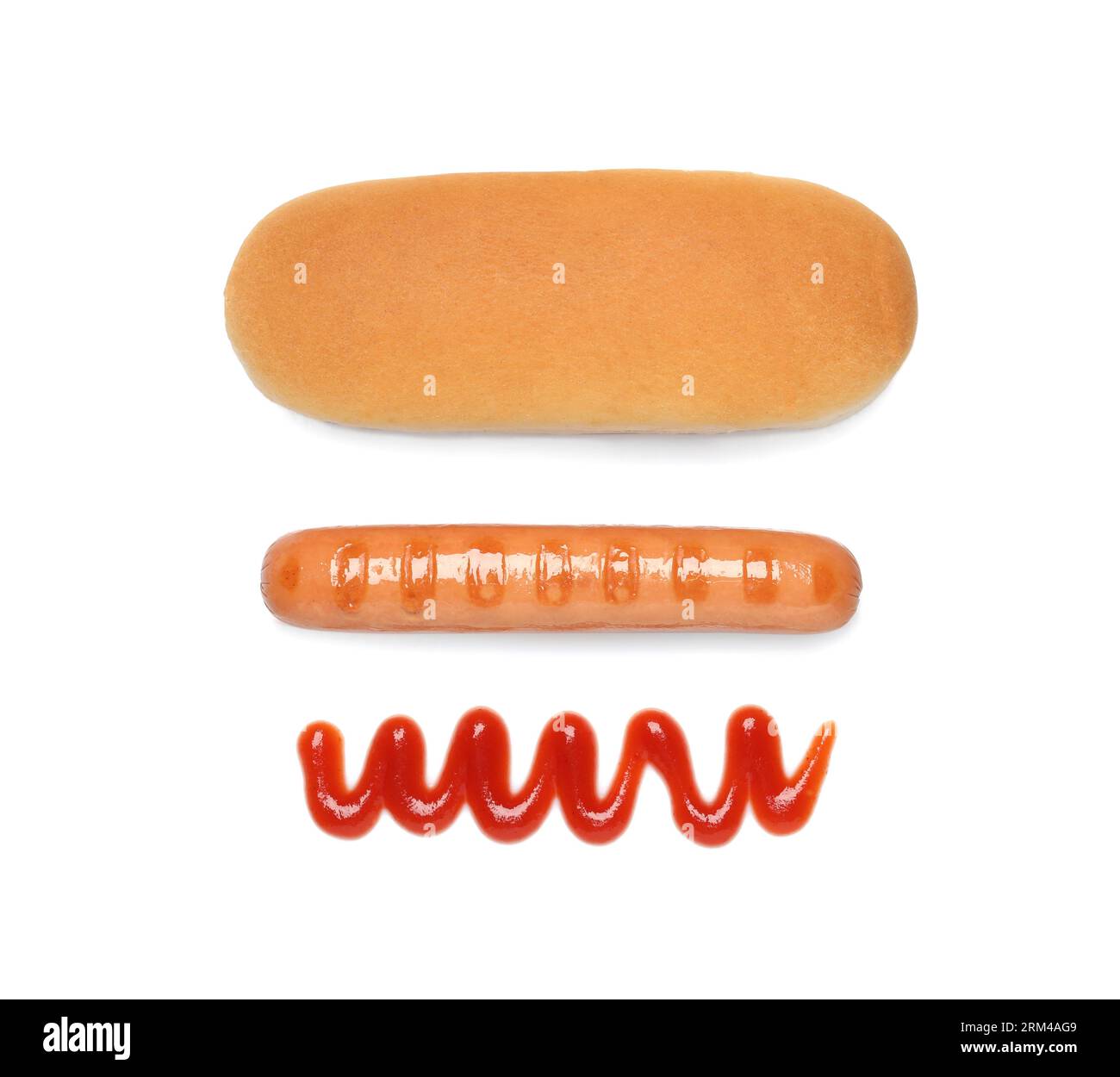 Bun, sausage and ketchup isolated on white, top view. Ingredients for hot dog Stock Photo