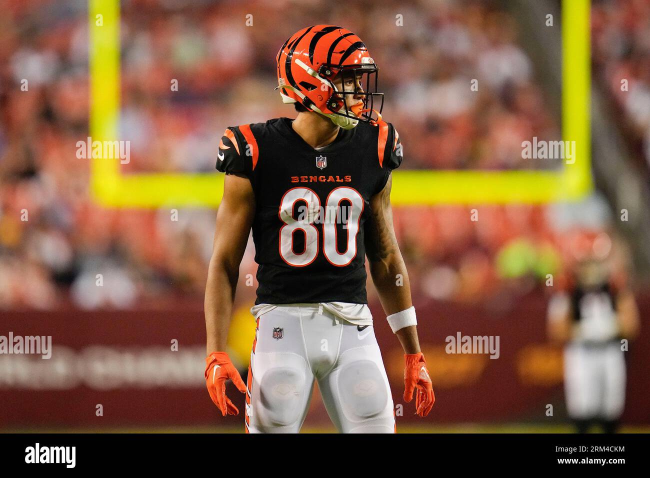 Cincinnati Bengals wide receiver Andrei Iosivas (80) getting ready for punt  coverage against the Washington Commanders during the second half of an NFL  preseason football game, Saturday, Aug. 26, 2023, in Landover,