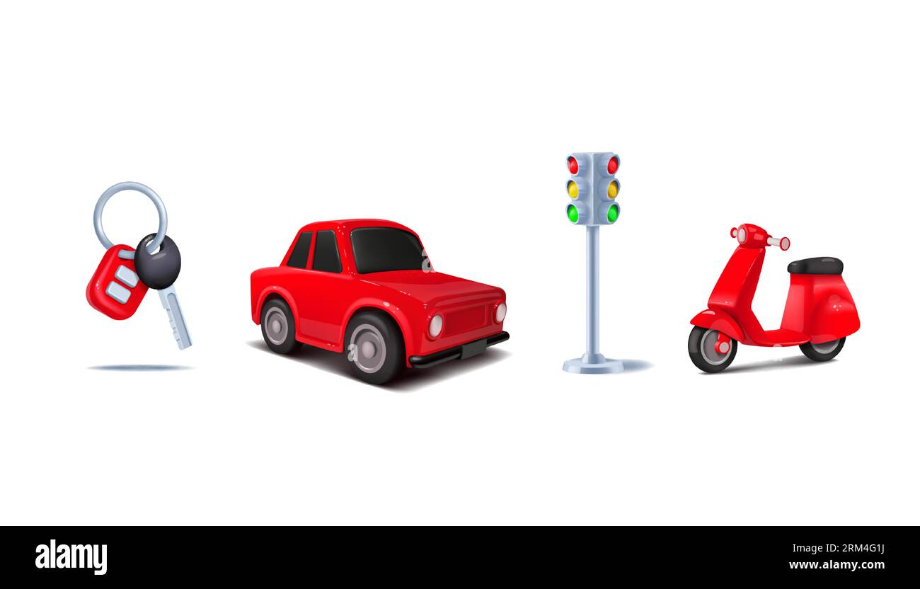 3D car. Red bike and automobile. Traffic lights. Auto key. Realistic vehicles and driving elements. Transportation by road. Motor render sign. City sc Stock Vector