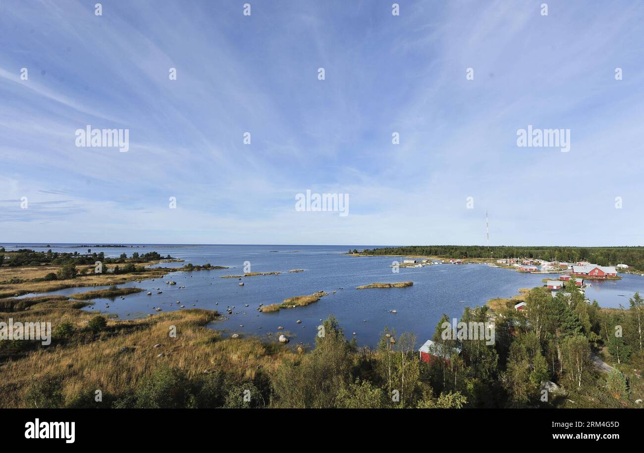 130910 -- BRUSSELS, Sept 10, 2013 Xinhua -- Photo taken on Sept 4, 2013 shows the view of Kvarken Archipelago at Svedjehamn, about 40 kilometers north of Vaasa, Finland. The 5,600 islands of Kvarken Archipelago, which is the only admitted UNESCO World Natural Heritage of Finnish, feature unusual ridged washboard moraines, De Geer moraines, formed by the melting of the continental ice sheet, 10,000 to 24,000 years ago. The Archipelago is continuously rising from the sea in a process of rapid glacio-isostatic uplift, whereby the land, previously weighed down under the weight of a glacier, lifts Stock Photo
