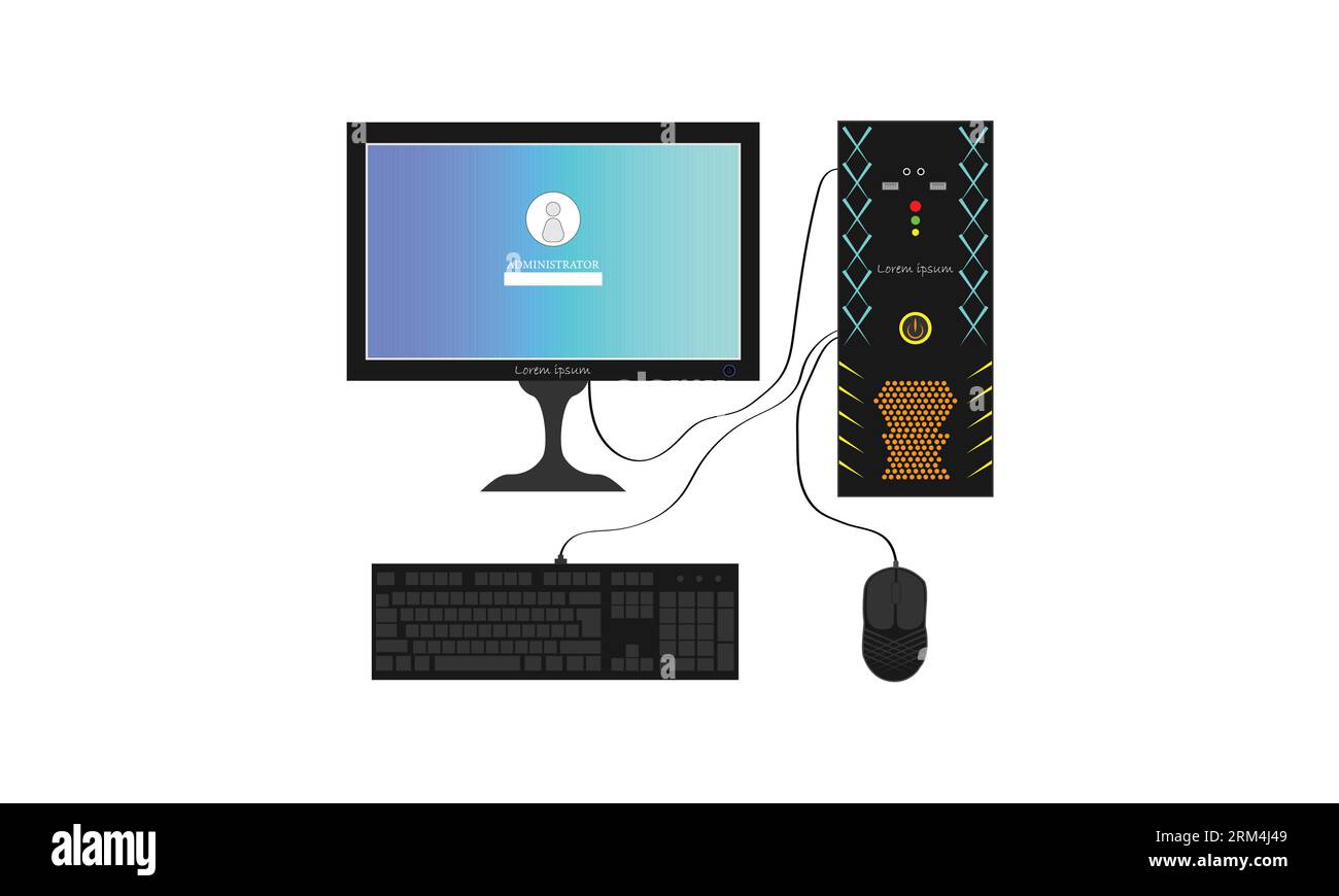 Computer Setup Monitor CPU Cabinet Mouse Keyboard Set Of Vector Icons Stock Vector