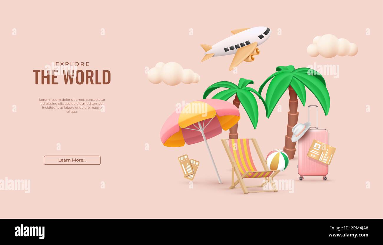 3D travel icons. Holiday trip. Suitcase and airplane. Summer vacation concept. Ticket and passport. Render luggage bag. Beach lounger and umbrella. Wo Stock Vector