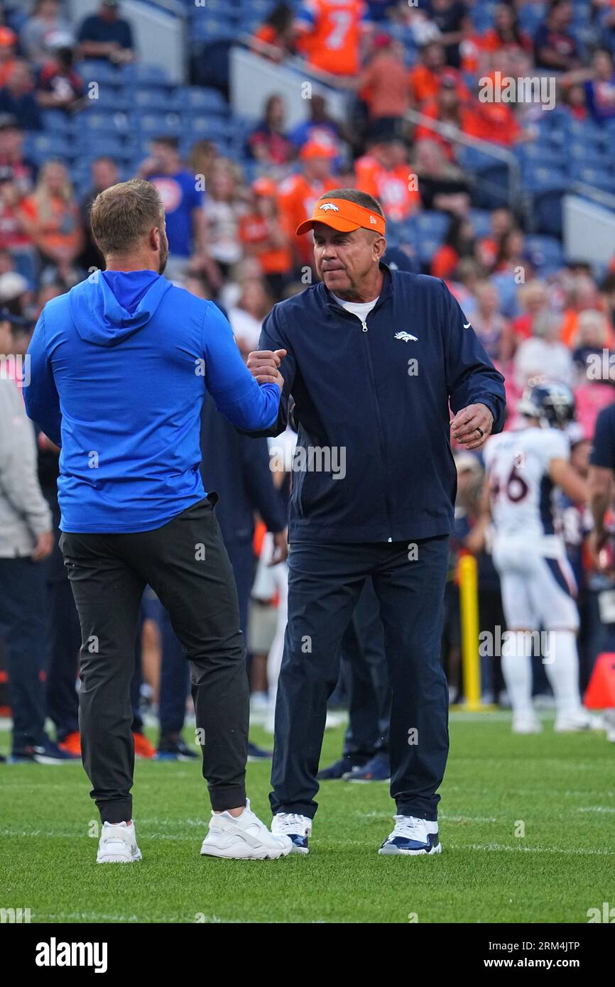 Denver Broncos head coach Sean Payton talks with Los Angeles Rams head ...