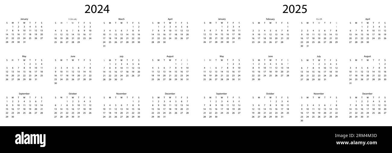 Calendar 2024, calendar 2025. The week starts on Sunday. Vector