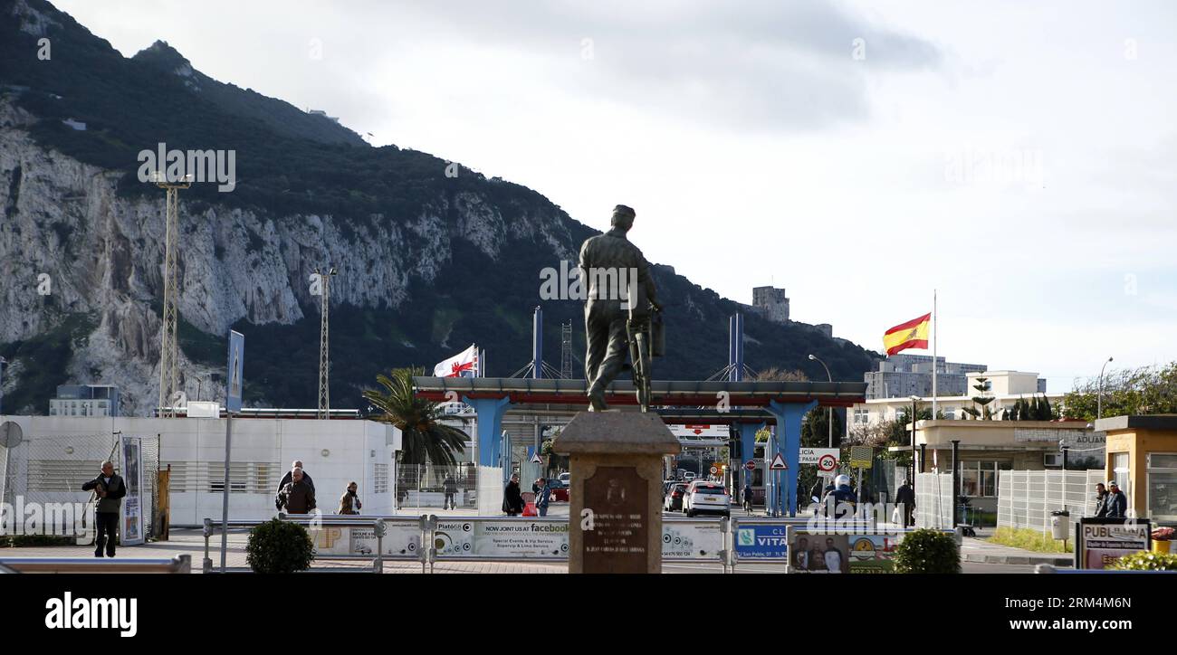 (130916) -- GIBRALTAR, Jan. 26, 2013 (Xinhua) -- Photo taken on Jan. 26, 2013 shows the border between Spain and Gibraltar in La Linea de la Concepcion, Spain. Located on the southern end of the Iberian Peninsula at the entrance of the Mediterranean, Gibraltar has an area of 6.7 square kilometers and a northern border with Spain. Spain ceded the sovereignty of Gibraltar to Britain in 1713, but has persistently sought to regain the tiny southern territory. The latest dispute came after the Gibraltar authorities dropped 70 blocks of concrete in the Bay of Algeciras with the aim of creating an ar Stock Photo