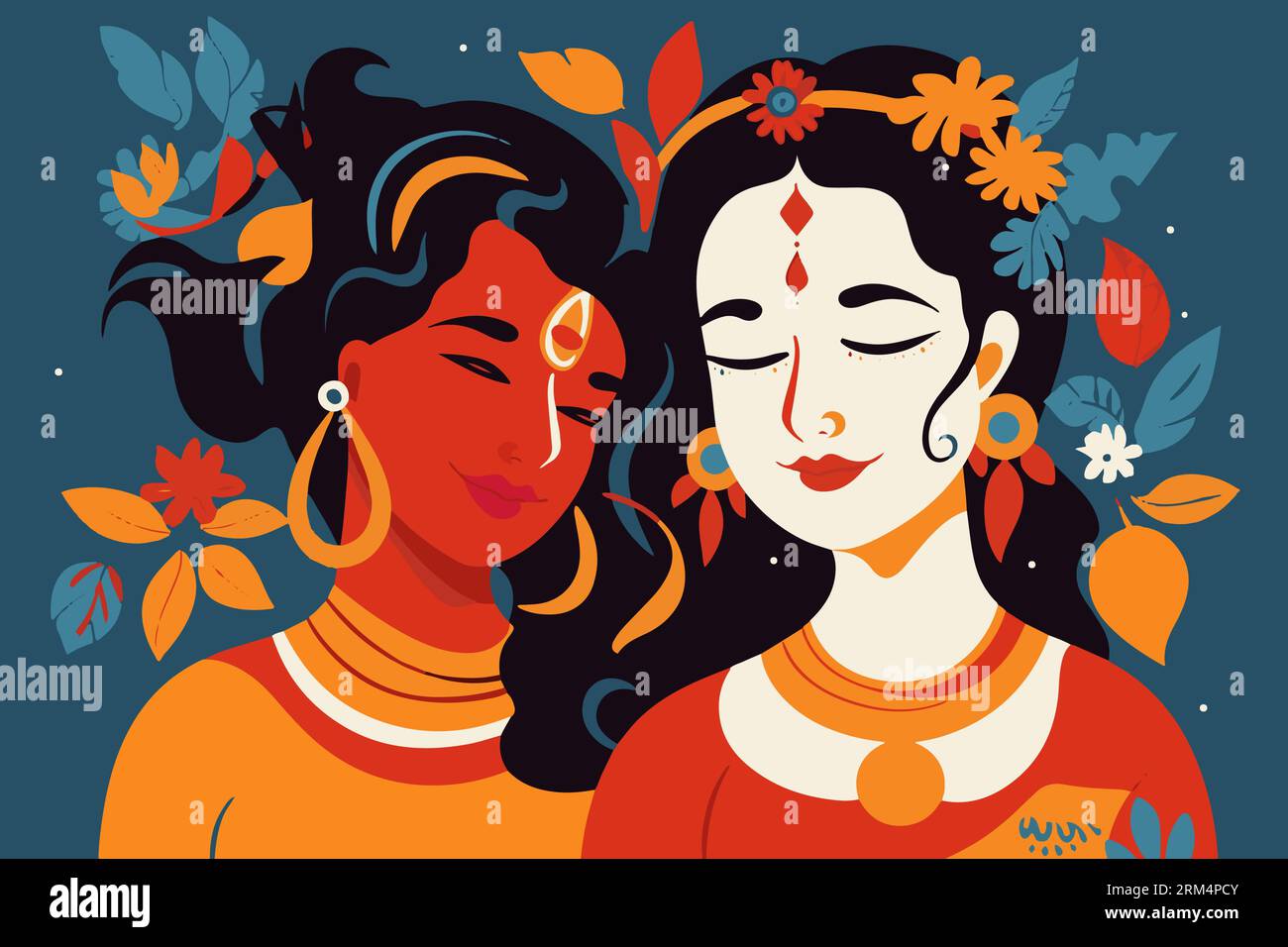 Colorful portrait of Hindu gods Krishna and Radha. Young Indian couple