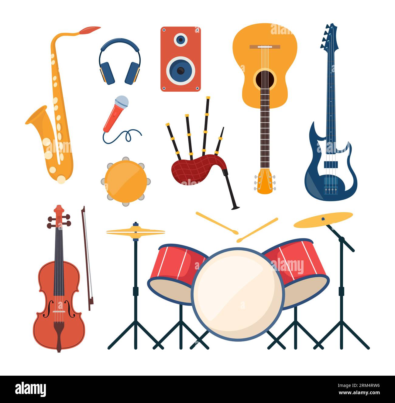 Musical instruments, set of icons. Guitar, synthesizer, violin, cello