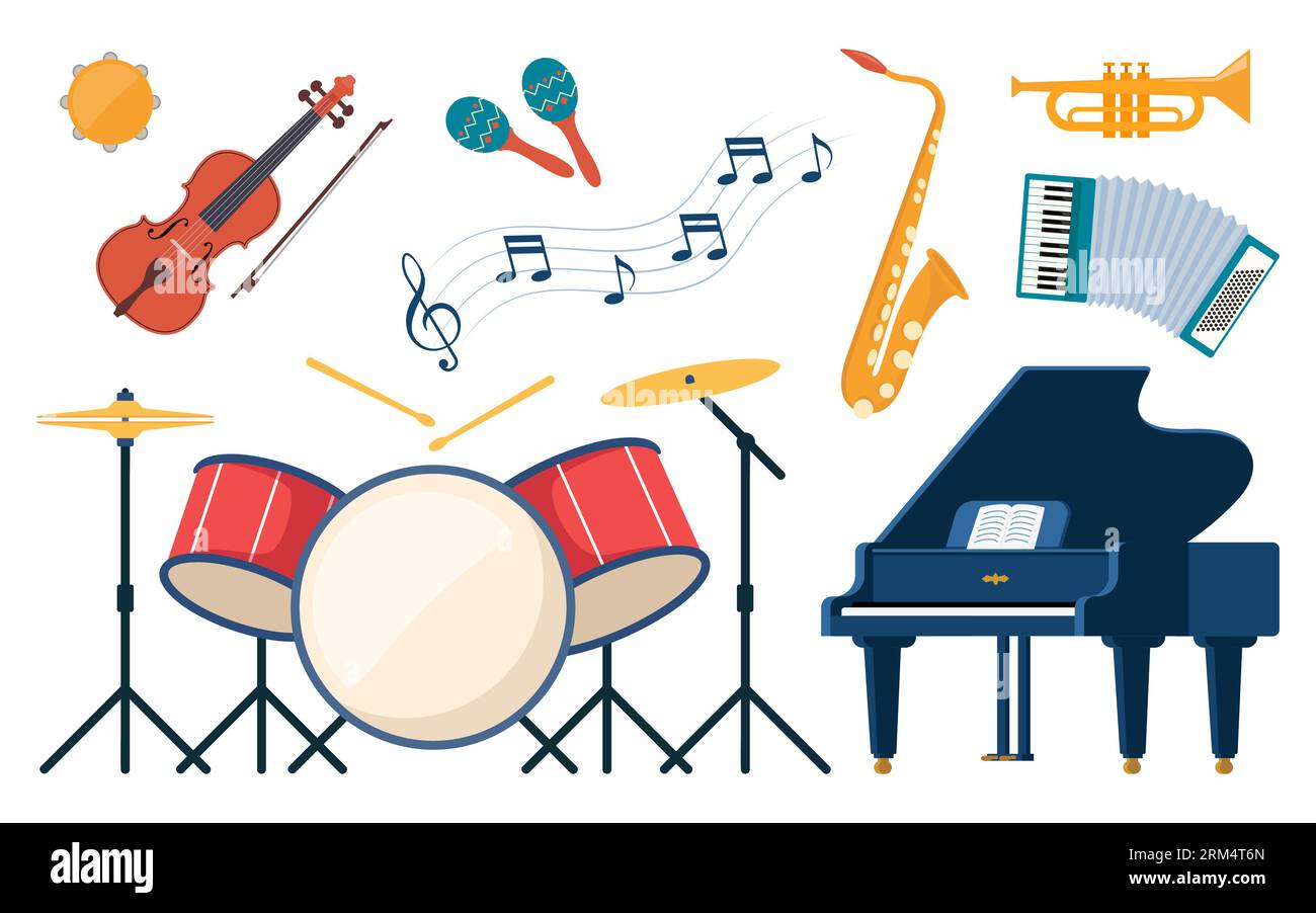 Musical instruments, set of icons. Grand piano, violin, cello, drum