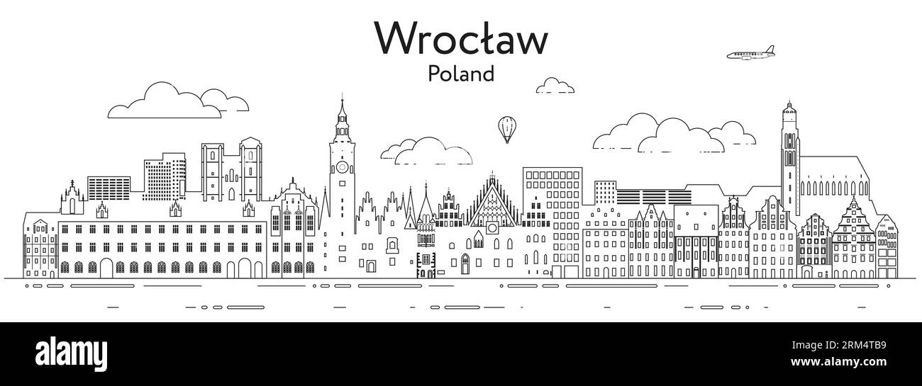 Wroclaw cityscape line art vector illustration Stock Vector