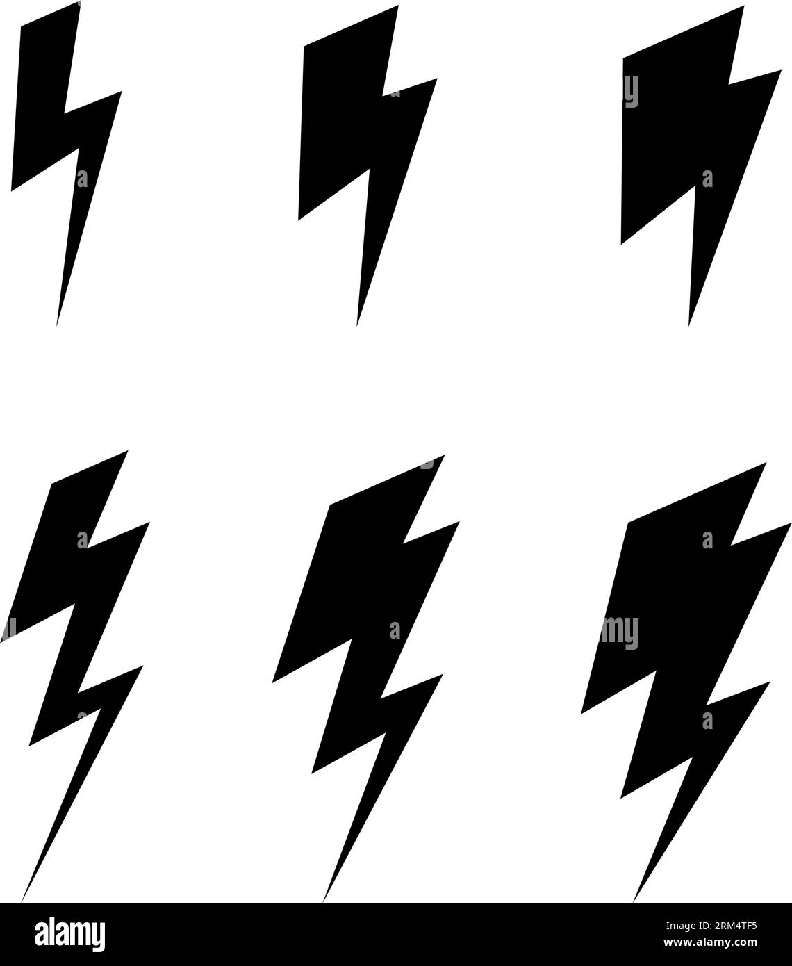 Black Lightning Bolt Icons. Simple Icon Storm or Thunder and Lightning strike. Flash Symbol, Thunderbolt. Simple Cartoon Lightning Strike Sign on Whit Stock Vector