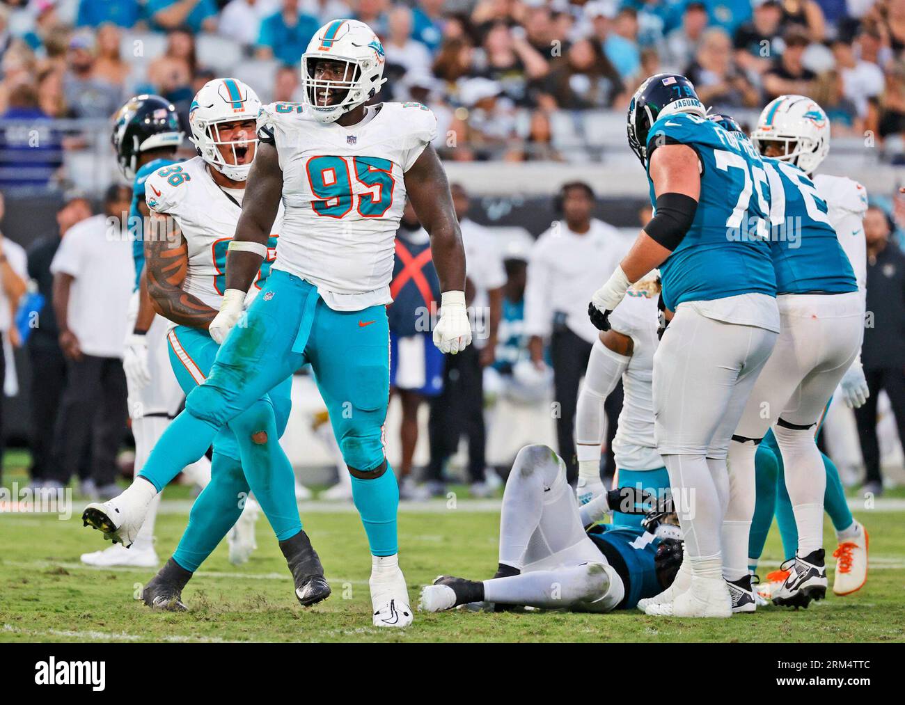 Miami Dolphins defensive tackle Josiah Bronson (95) reacts after taking  down Jacksonville Jaguars running back Travis Etienne Jr. (1) during the  first quarter of an NLF preseason football gam Saturday, Aug. 26