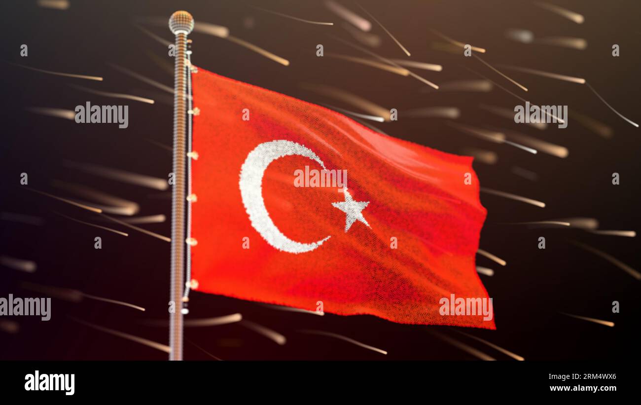The flag of Turkey flutters in the gentle wind, the camera flies around it. sunny day. Stock Vector