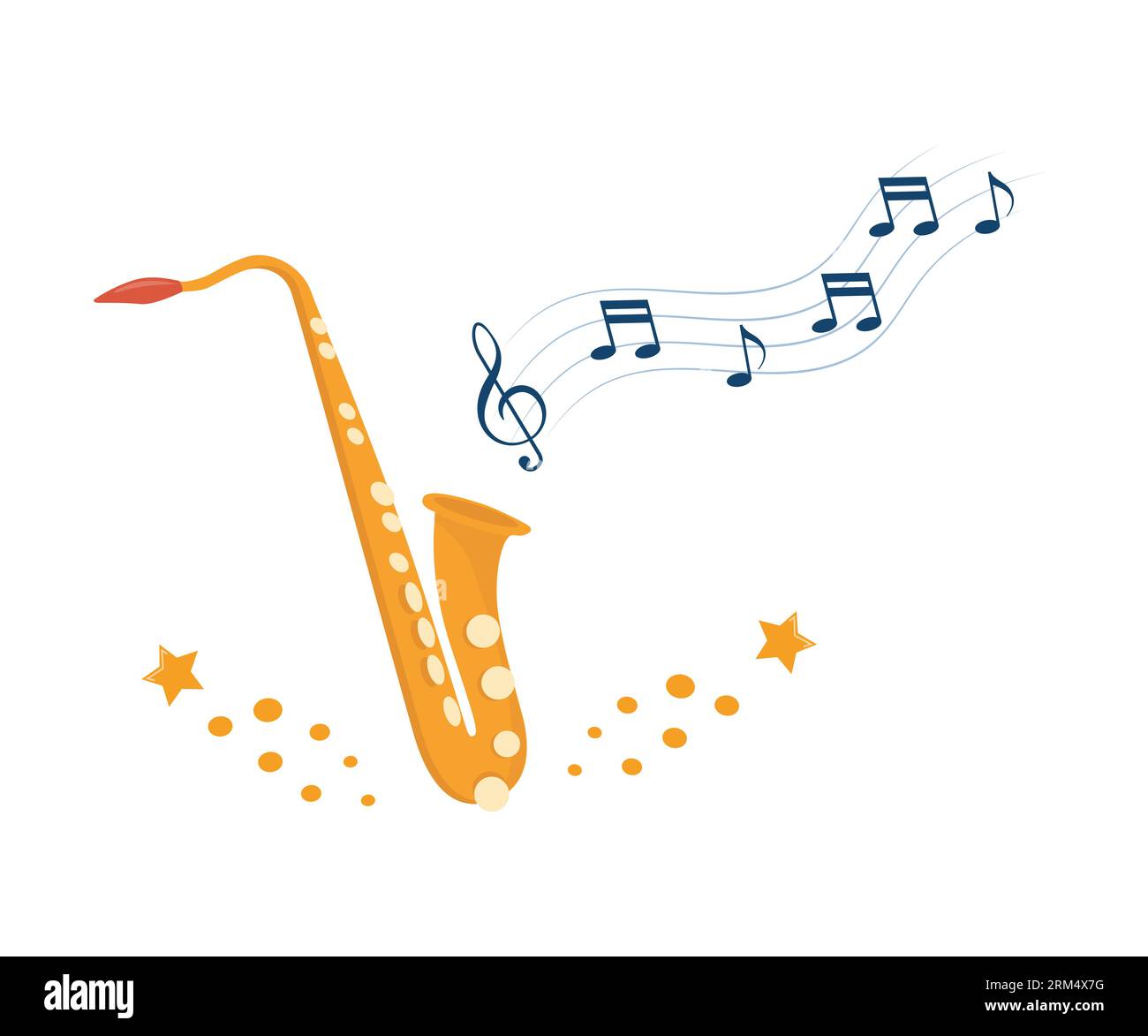 Saxophone, wind musical tool. Treble clef with notes on wavy lines