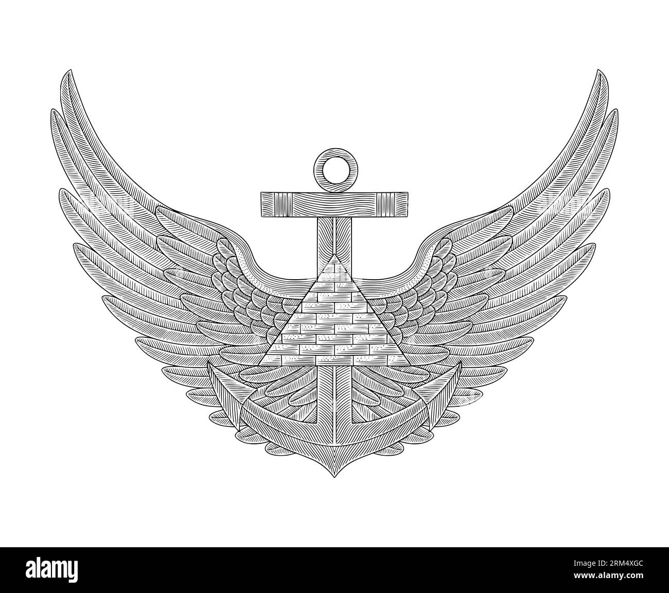 Anchor with pyramid and wings, vintage engraving drawing style vector illustration Stock Vector