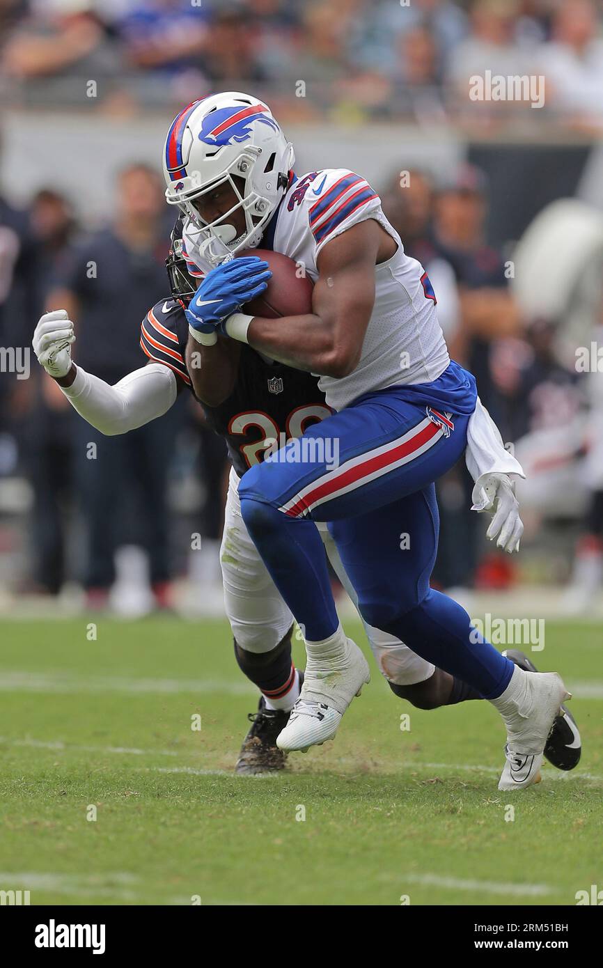 Buffalo Bills' Darrynton Evans (37) scores a touchdown as he is tackled by  Chicago Bears' Macon Clark during the second half of an NFL preseason  football game, Saturday, Aug. 26, 2023, in