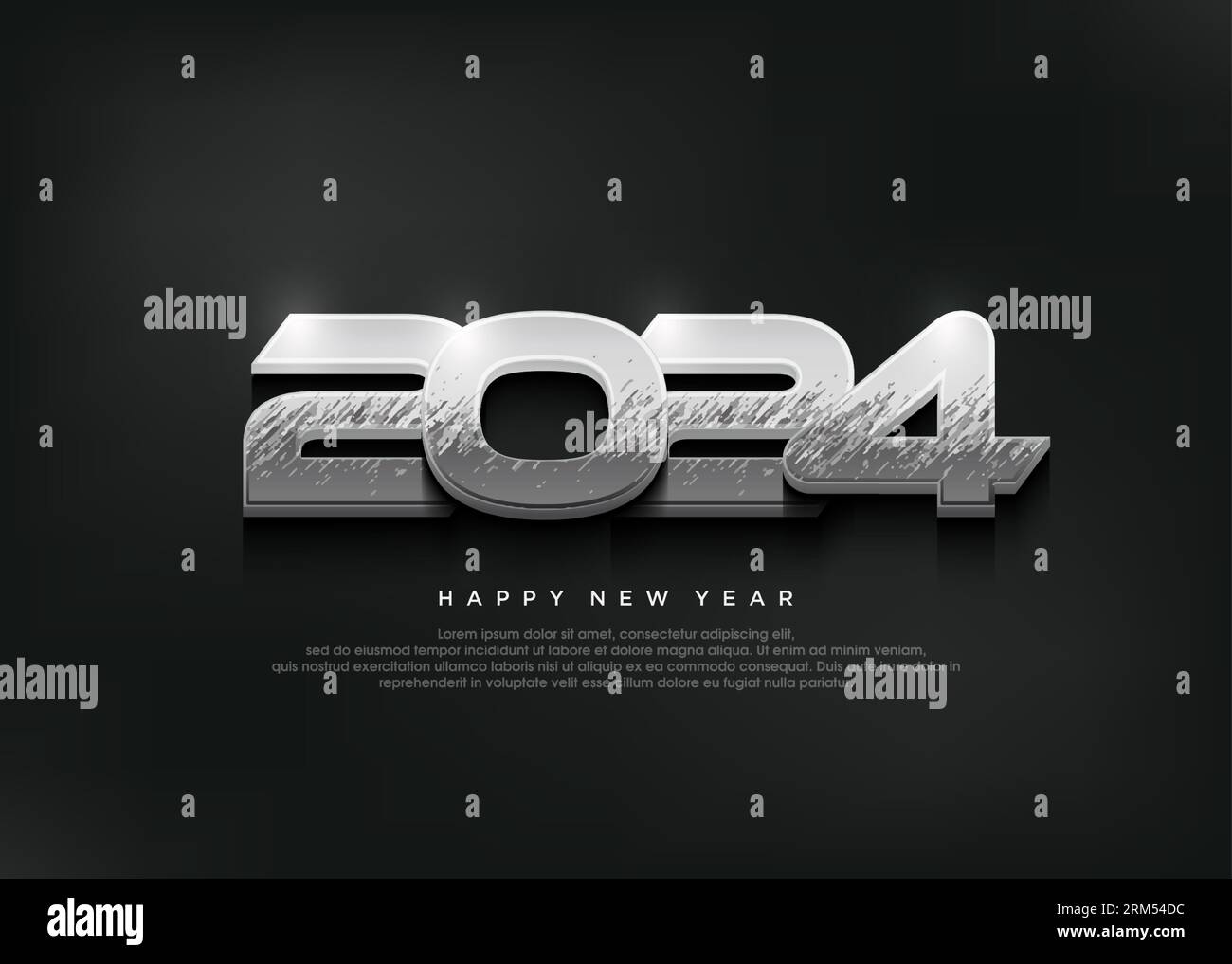 Silver metallic 3d modern new year, 2024 happy new year elegant banner poster. Stock Vector