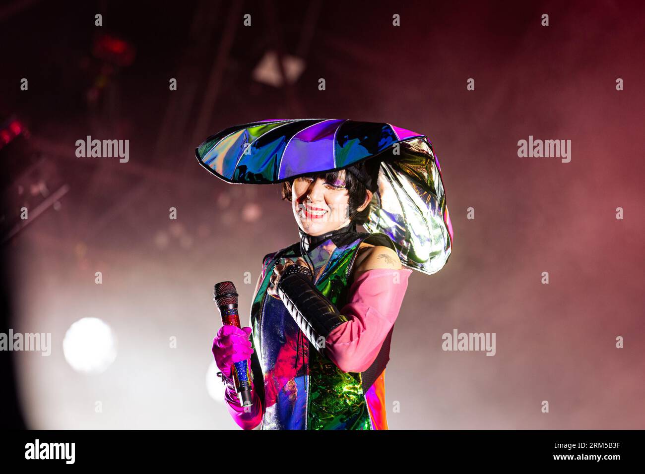 Paris, France. 26th Aug, 2023. Karen O from the Yeah Yeah Yeahs band performs on stage during the live concert. The third day of 20th edition of the French music festival Rock en Seine has been headlined by the British duo The Chemical Brothers, at Domaine National de Saint-Cloud. (Photo by Telmo Pinto/SOPA Images/Sipa USA) Credit: Sipa USA/Alamy Live News Stock Photo