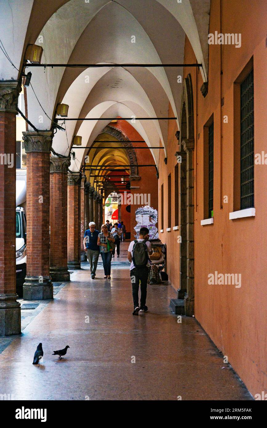 Bologna, Italy - June 9, 2023: Beautifully decorated portici in Bologna, during a sunny day in the summer. Stock Photo