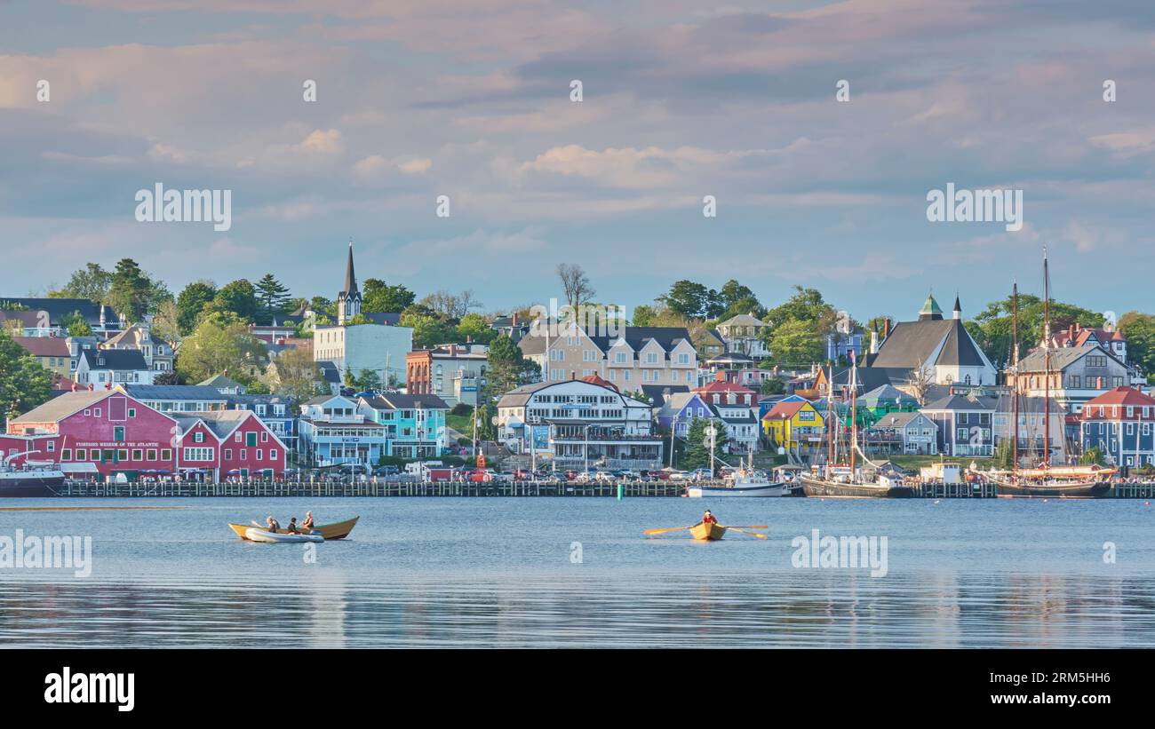 Dories in the harbor in the late afternoon Lunenburg Nova Scotia. Stock Photo