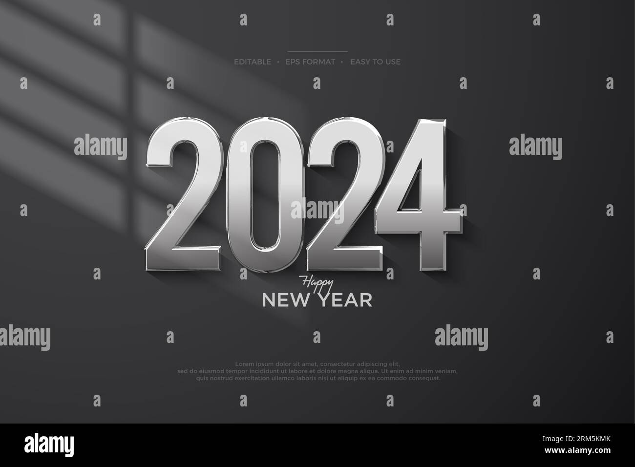 Modern design of happy new year 2024 celebration with numbers stuck on the wall. Premium design with a shiny silver color exposed to light. Stock Vector