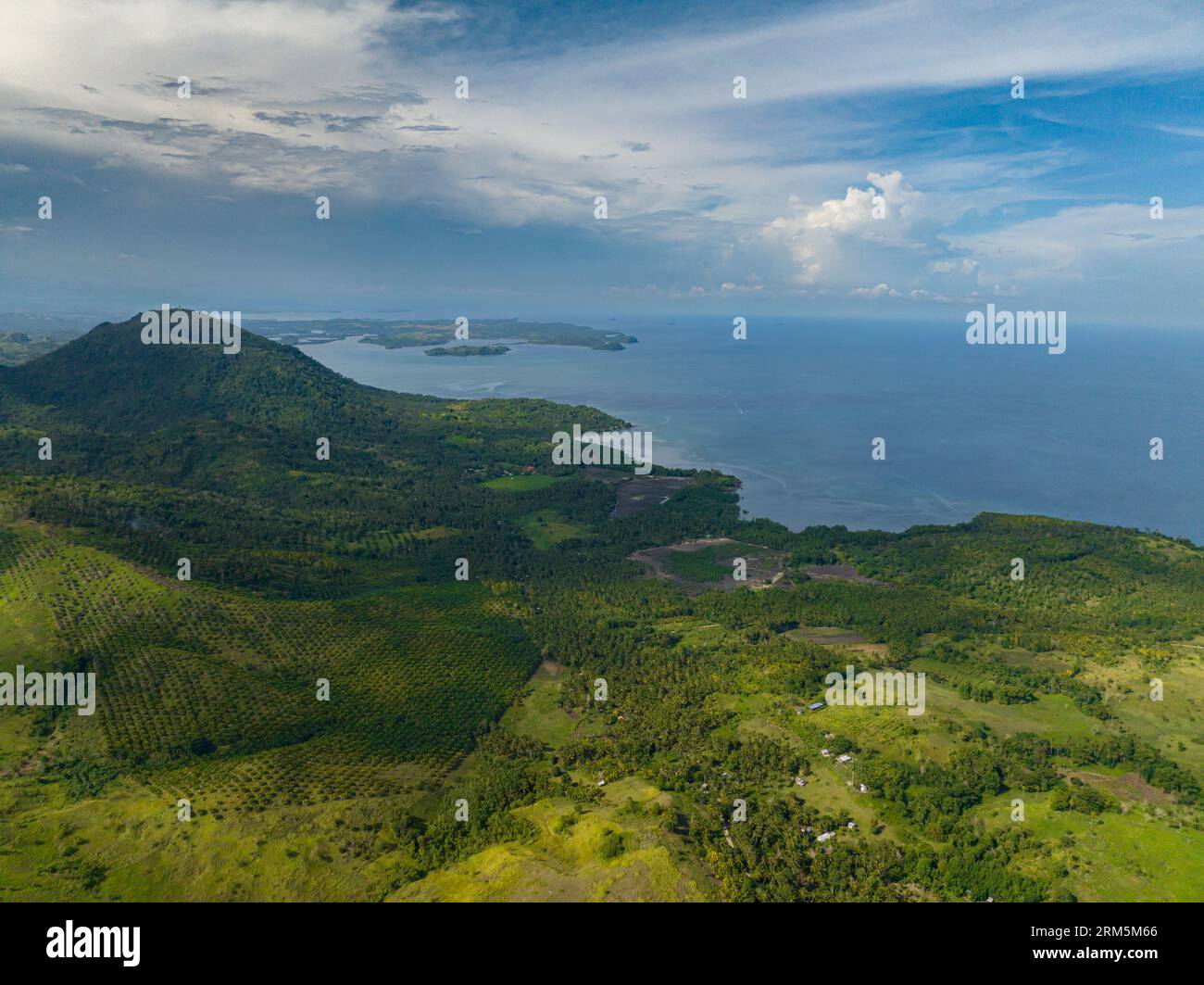 Drone shot of scenic of farm and agricultural land with crops in the