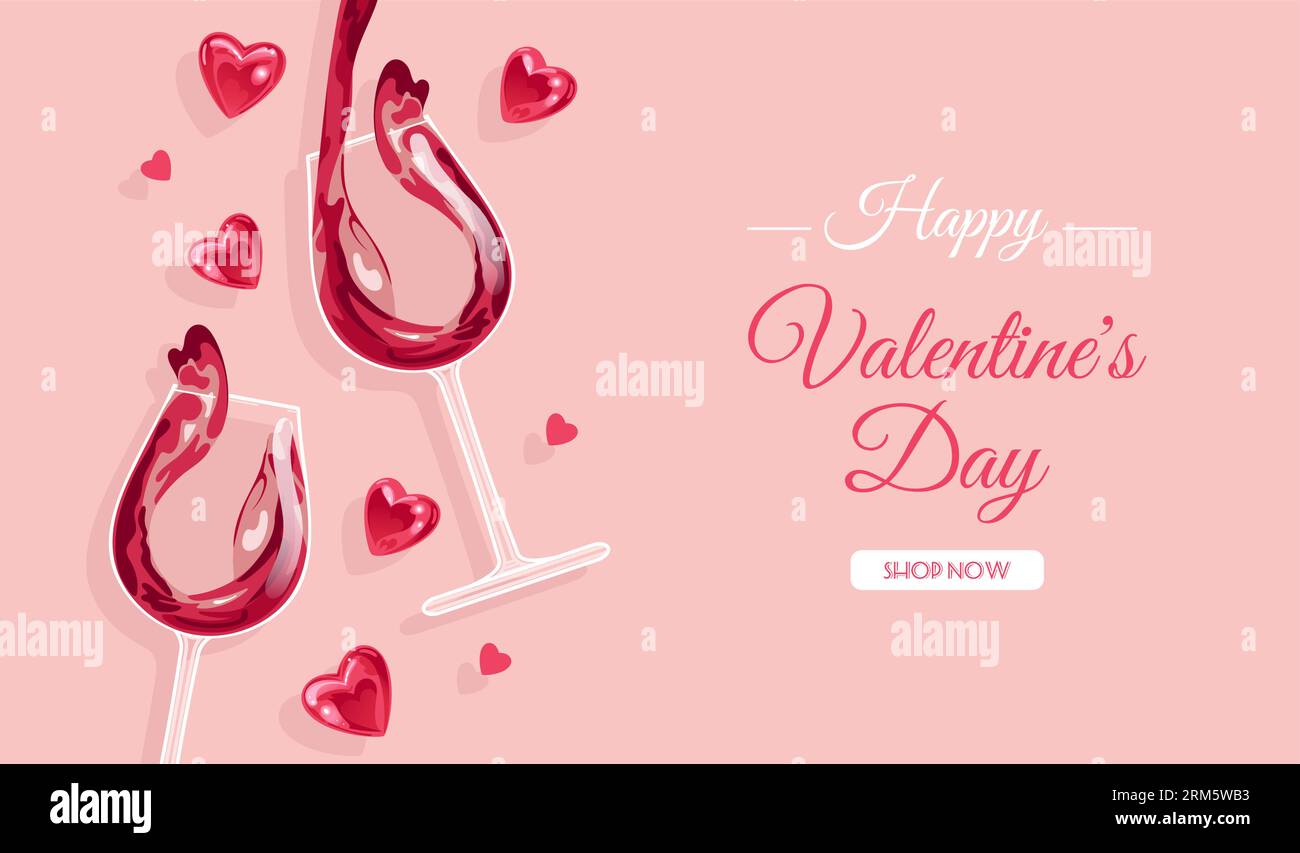 Festive banner for Valentines Day, International Wine Day. Realistic glass of sparkling rose wine. Shining hearts. For advertising, website, poster, f Stock Vector