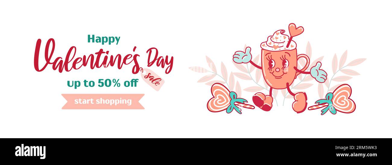 Horizontal banner for Valentines Day. Coffee mug with whipped cream dancing and smiling, heart lollipop. Comic elements in trendy old retro cartoon st Stock Vector