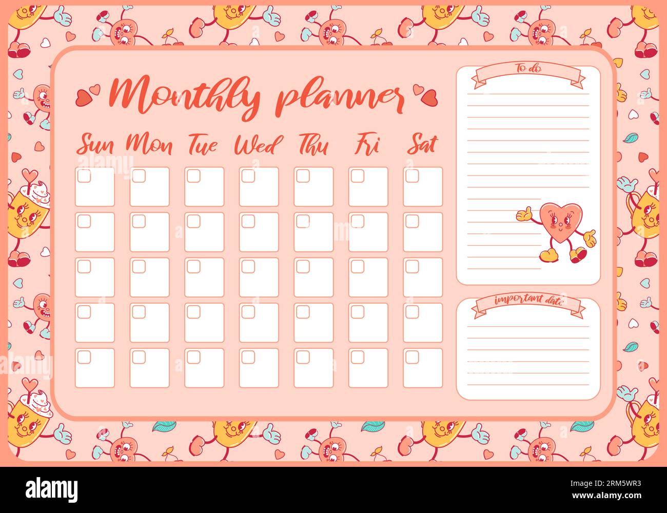 Monthly planner. Valentines Day, cherries, coffee mug, heart. Trendy old retro cartoon style. To do list, template design, important dates. Schedule f Stock Vector