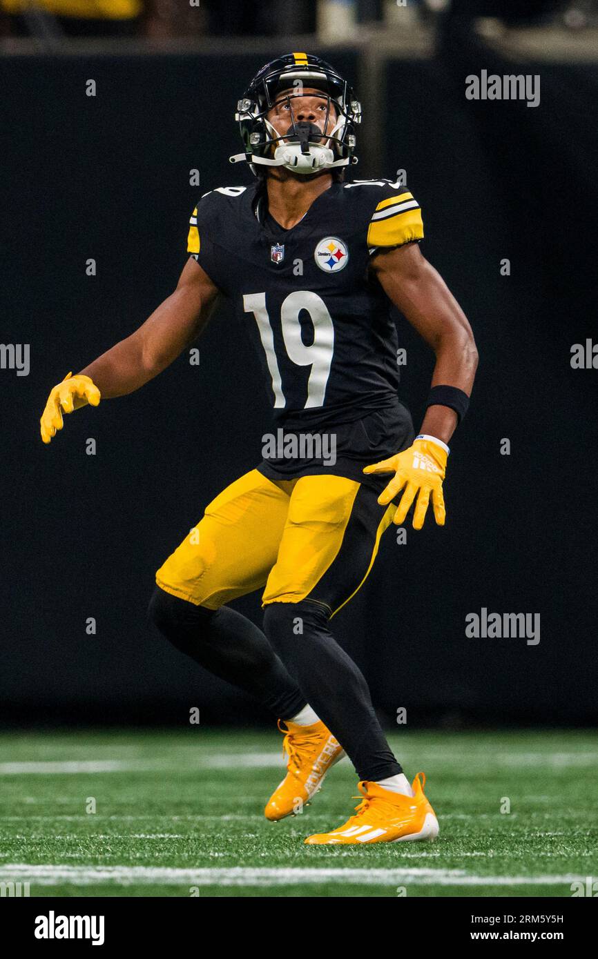 Pittsburgh Steelers wide receiver Calvin Austin III (19) fields a punt  during the first half of an NFL preseason football game against the Atlanta  Falcons, Thursday, Aug. 24, 2023, in Atlanta. The