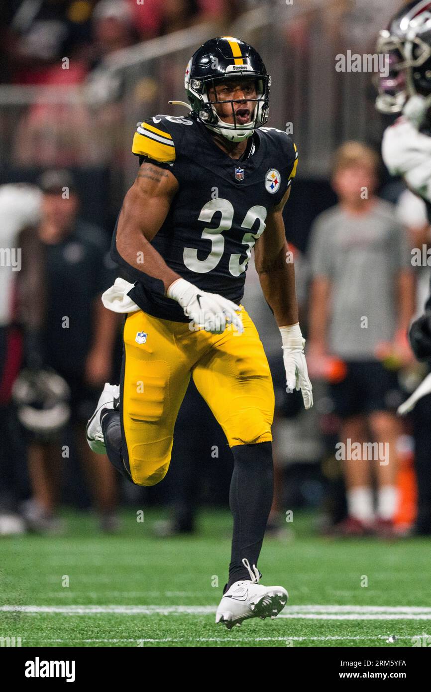 Pittsburgh Steelers running back Xazavian Valladay (33) works during the  first half of an NFL preseason football game against the Atlanta Falcons,  Thursday, Aug. 24, 2023, in Atlanta. The Pittsburgh Steelers won