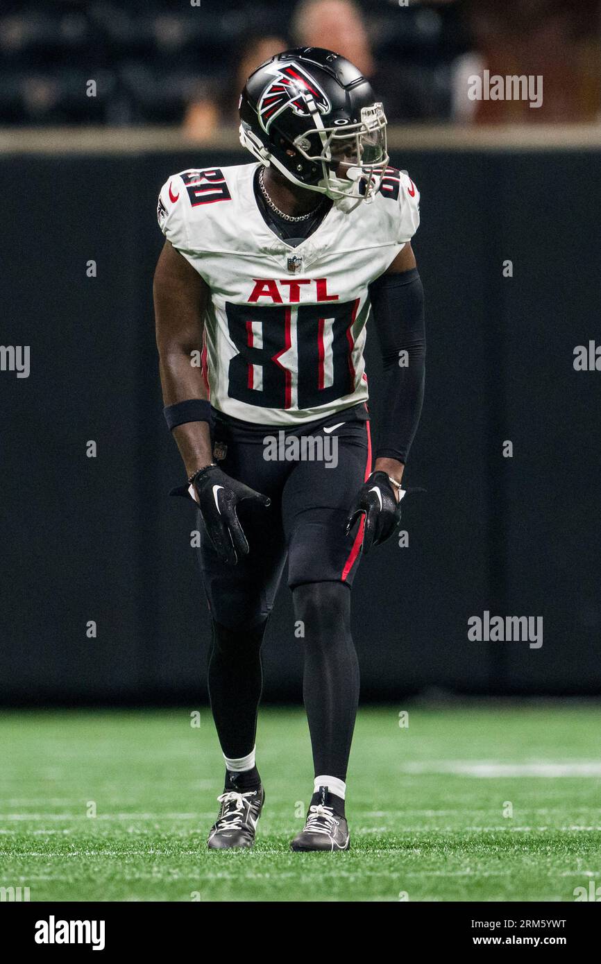 Atlanta Falcons wide receiver Josh Ali (80) lines up during the first half  of an NFL preseason football game against the Pittsburgh Steelers,  Thursday, Aug. 24, 2023, in Atlanta. The Pittsburgh Steelers