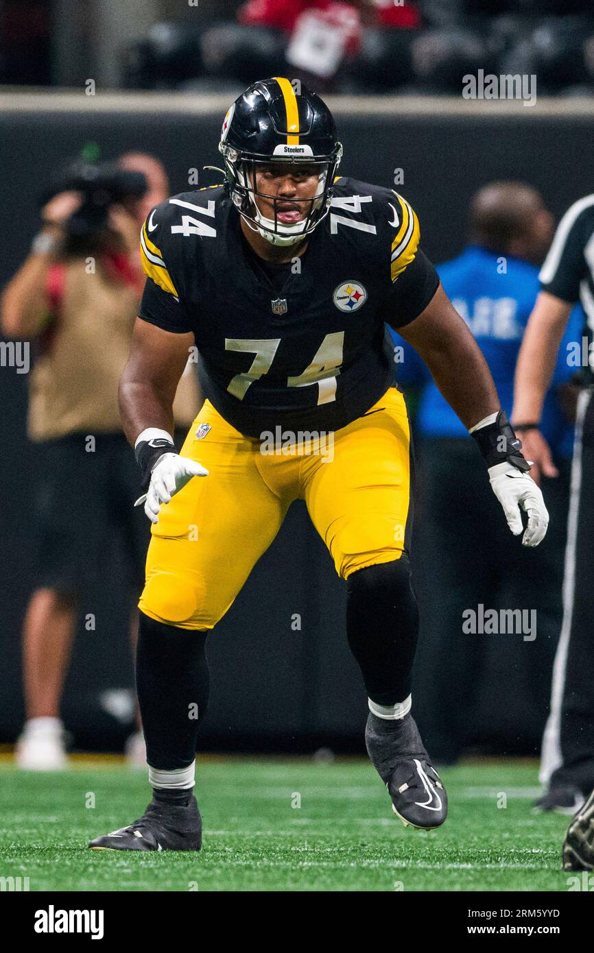 Pittsburgh Steelers guard Spencer Anderson (74) works during the second  half of an NFL preseason football game against the Atlanta Falcons,  Thursday, Aug. 24, 2023, in Atlanta. The Pittsburgh Steelers won 24-0. (