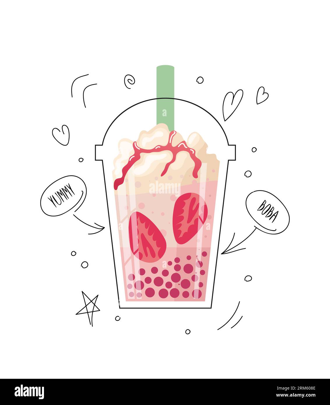 Strawberry bubble tea, pearl milk tea, boba, Taiwans drink.chewy