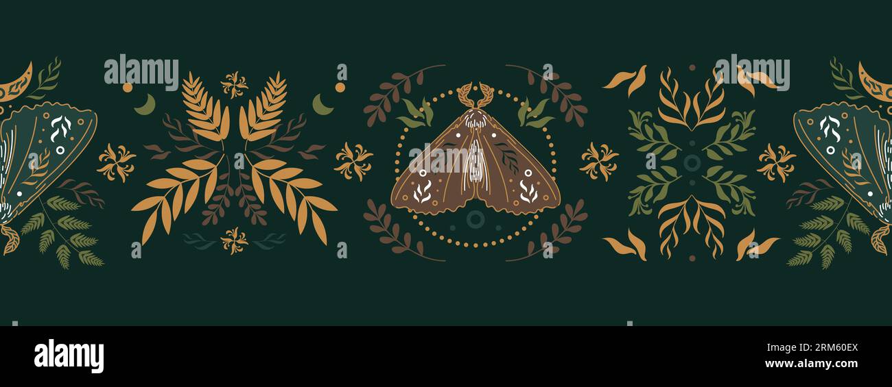 Natural magic motif in Scandinavian folk style. Vintage illustration. Seamless border with butterflies, ferns and other forest herbs. Fairy forest. Fo Stock Vector