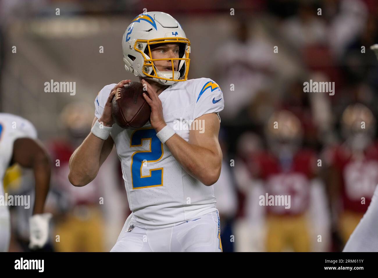 Los Angeles Chargers quarterback Easton Stick throws against the San  Francisco 49ers during the first half of a preseason NFL football game  Friday, Aug. 25, 2023, in Santa Clara, Calif. (AP Photo/Godofredo