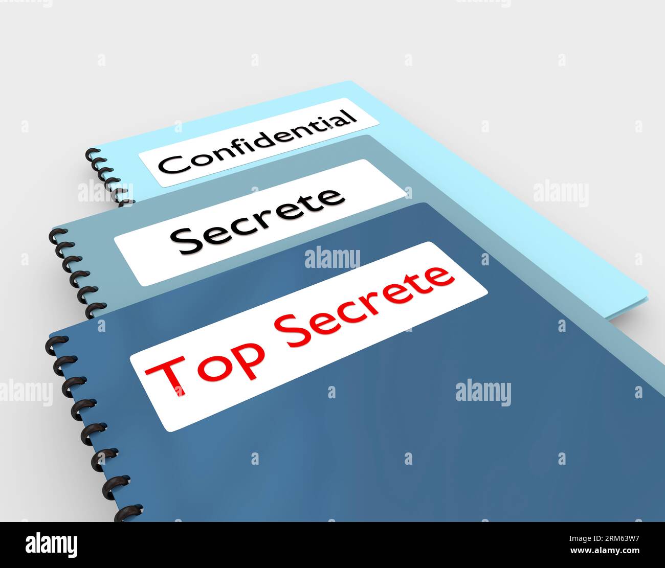3D illustration of three booklets titled as Top Secrete, Secrete and Confidential - isolated on gray. Stock Photo