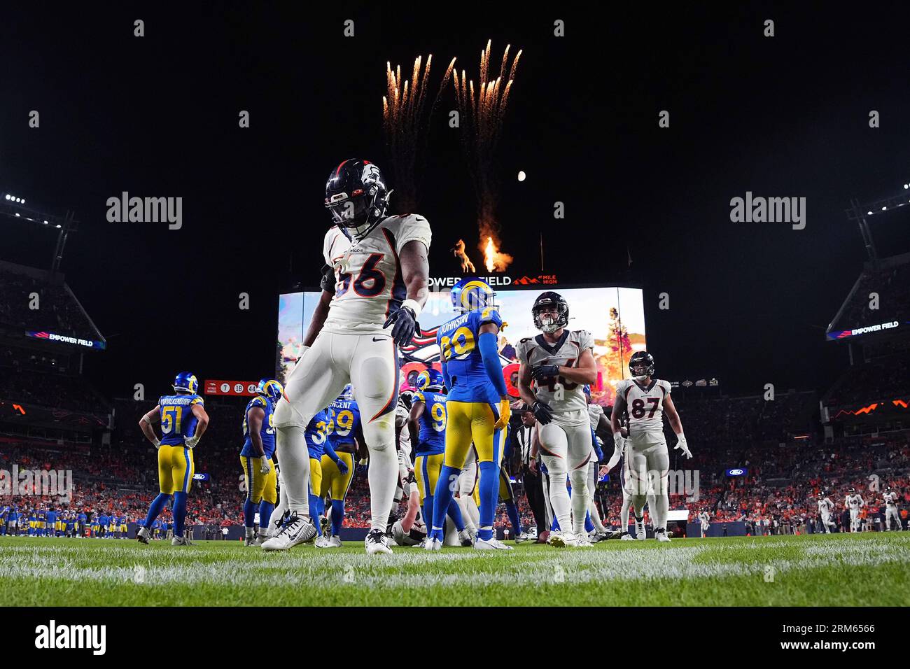 Denver Broncos running back Tyler Badie (36) scores a touchdown against the  Los Angeles Rams of an NFL football game Saturday, Aug 26, 2023, in Denver.  (AP Photo/Bart Young Stock Photo - Alamy