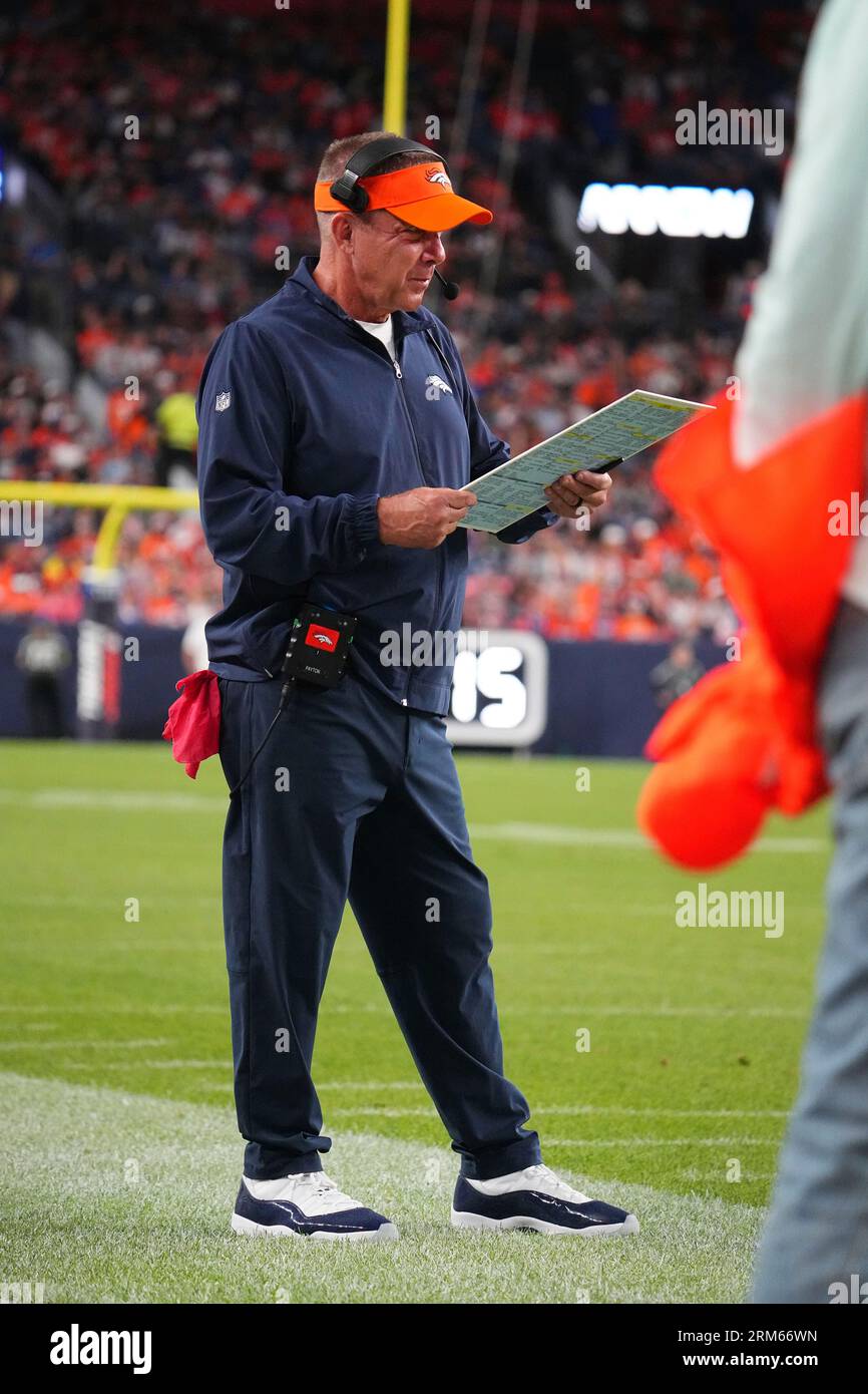 Denver Broncos head coach Sean Payton stands on the sideline wearing Air Jordan 11 s against the Los Angeles Rams on Saturday Aug 26 2023 in Denver. AP Photo Bart Young Stock Photo Alamy