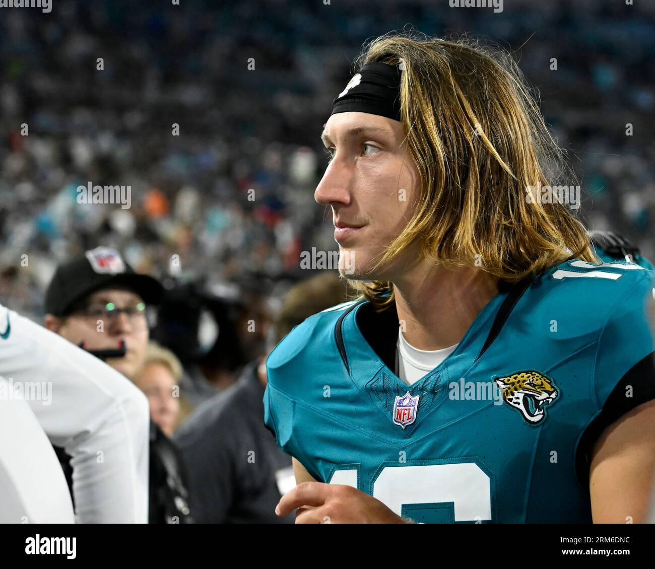 Jacksonville Jaguars linebacker Caleb Johnson (57) leaves the field after  an NFL pre-season football game against the Miami Dolphins, Saturday, Aug.  26, 2023, in Jacksonville, Fla. The Jaguars defeated the Dolphins 31-18. (