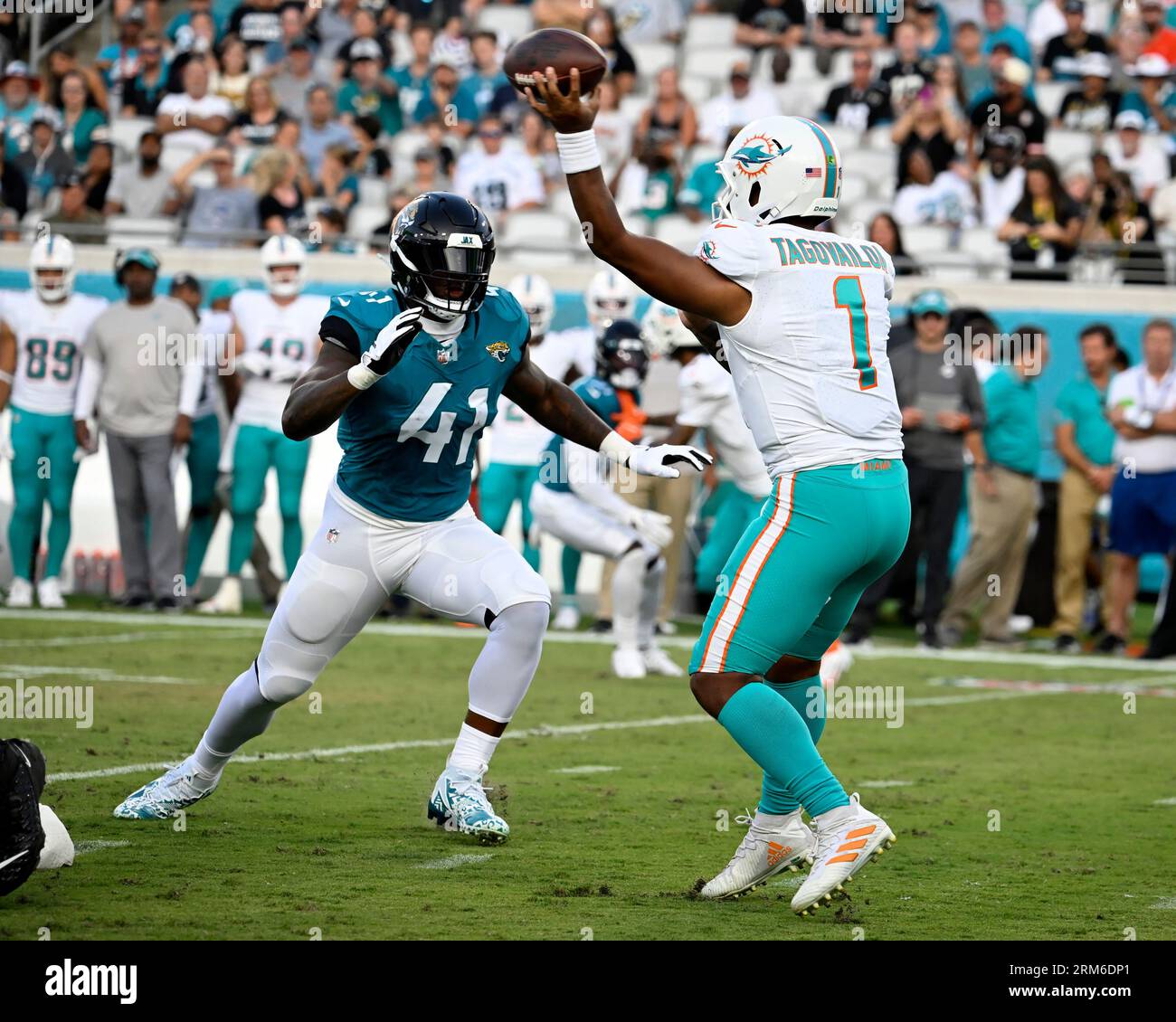 Jacksonville Jaguars linebacker Caleb Johnson (57) leaves the field after  an NFL pre-season football game against the Miami Dolphins, Saturday, Aug.  26, 2023, in Jacksonville, Fla. The Jaguars defeated the Dolphins 31-18. (