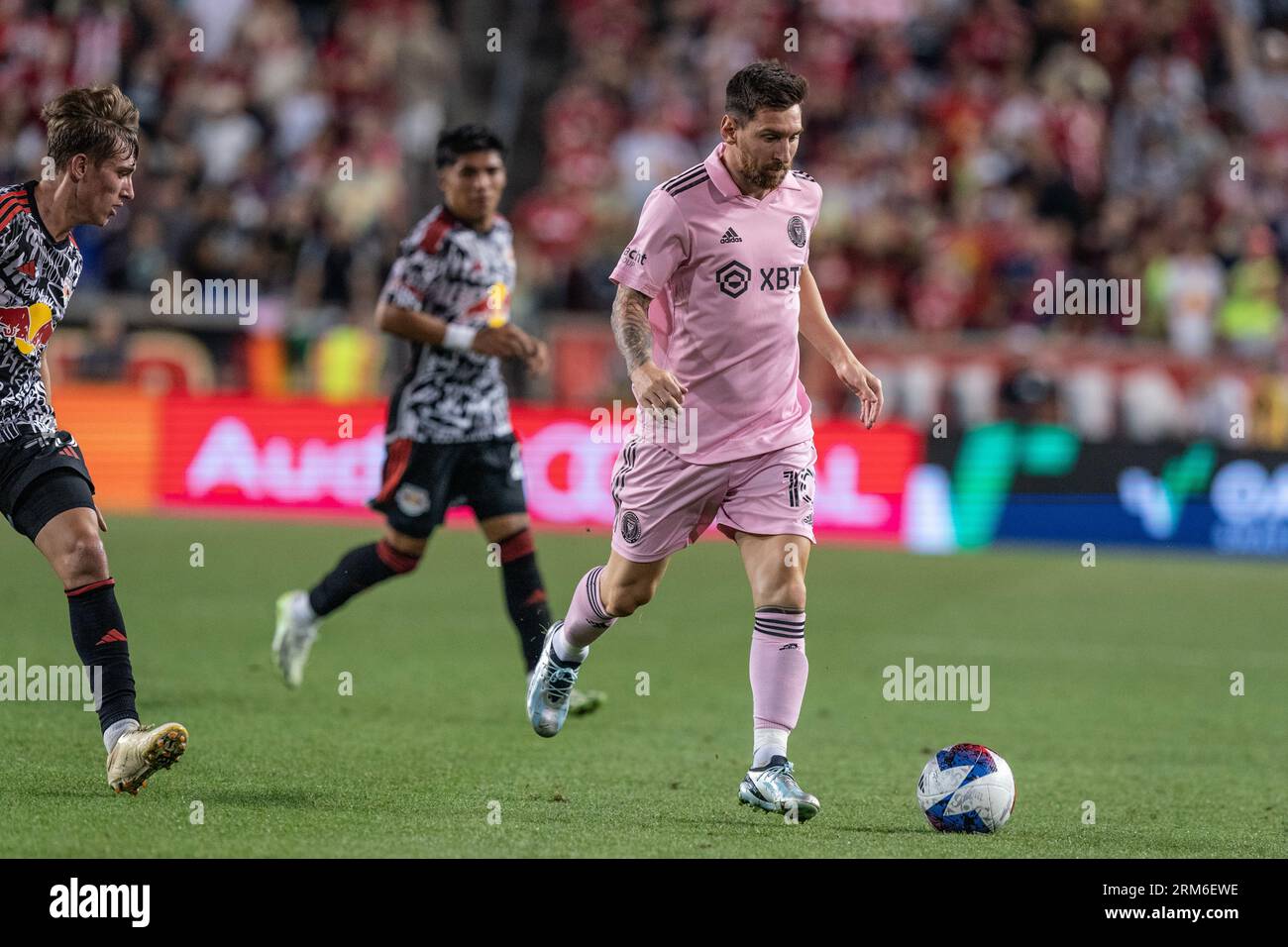 Lionel Messi (10) of Inter Miami controls ball during MLS regular season match against Red Bulls at Red Bull Arena in Harrison, New Jersey on August 26, 2023 Stock Photo