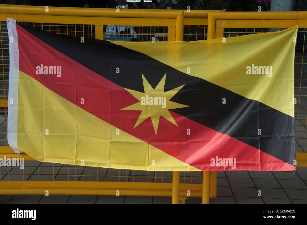 Sarawak state flag displayed at the central market at Sibu, Sarawak, Malaysia Stock Photo