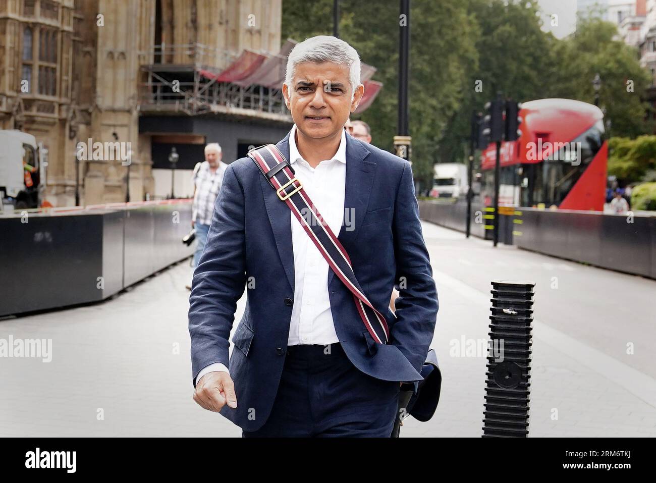 File photo dated 24/08/23 of Mayor of London Sadiq Khan in Westminster, London, following a live phone-in on LBC radio with James O'Brien, at Millbank studios, London. Khan accused the Government of 'weaponising air pollution' ahead of his expansion of the capital's ultra-low emission zone (Ulez). From Tuesday, the Ulez will be expanded to include the whole of the capital, making it the world's largest pollution charging area. Issue date: Sunday August 27, 2023. Stock Photo