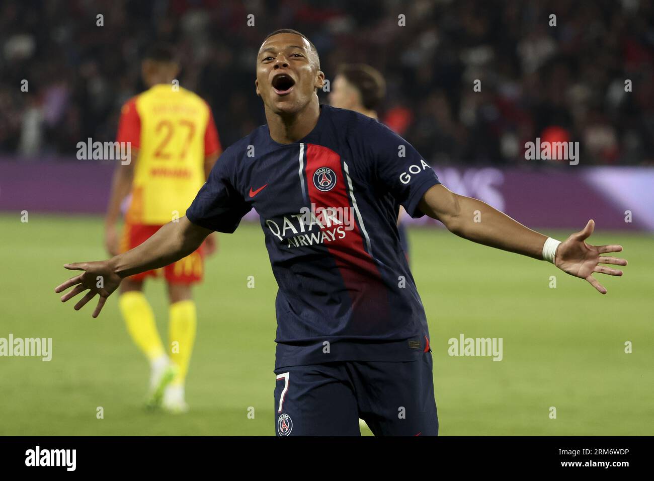 Kylian Mbappe of PSG celebrates his second goal during the French championship Ligue 1 football match between Paris Saint-Germain (PSG) and RC Lens (RCL) on August 26, 2023 at Parc des Princes