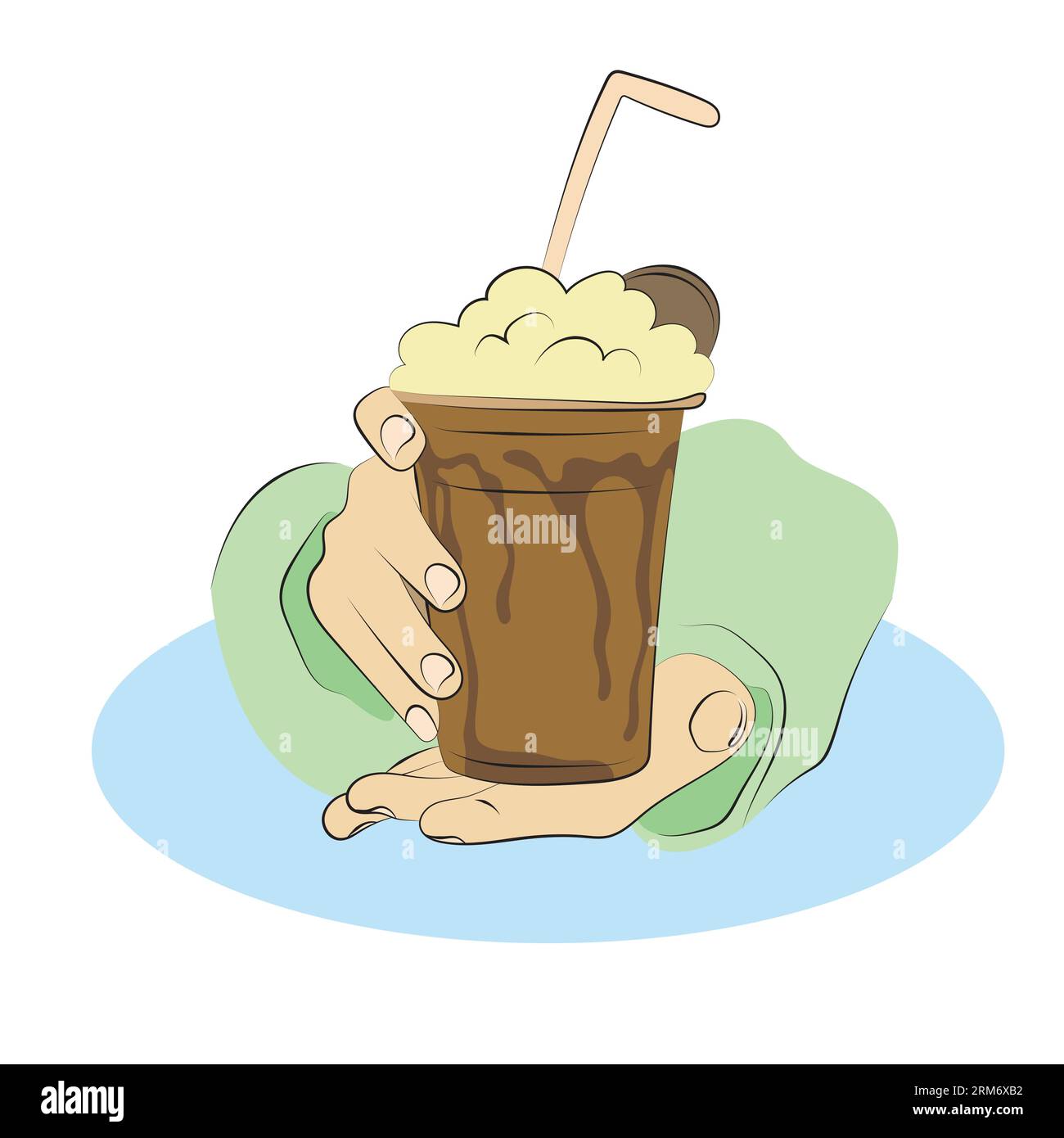 closeup hands holding iced coffee or latte in takeaway plastic cup with whipping cream illustration vector hand drawn isolated on white background Stock Vector
